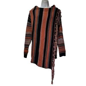 Boho Striped Asymmetric Wool Knit Sweater Top Fringe Trim Size XL